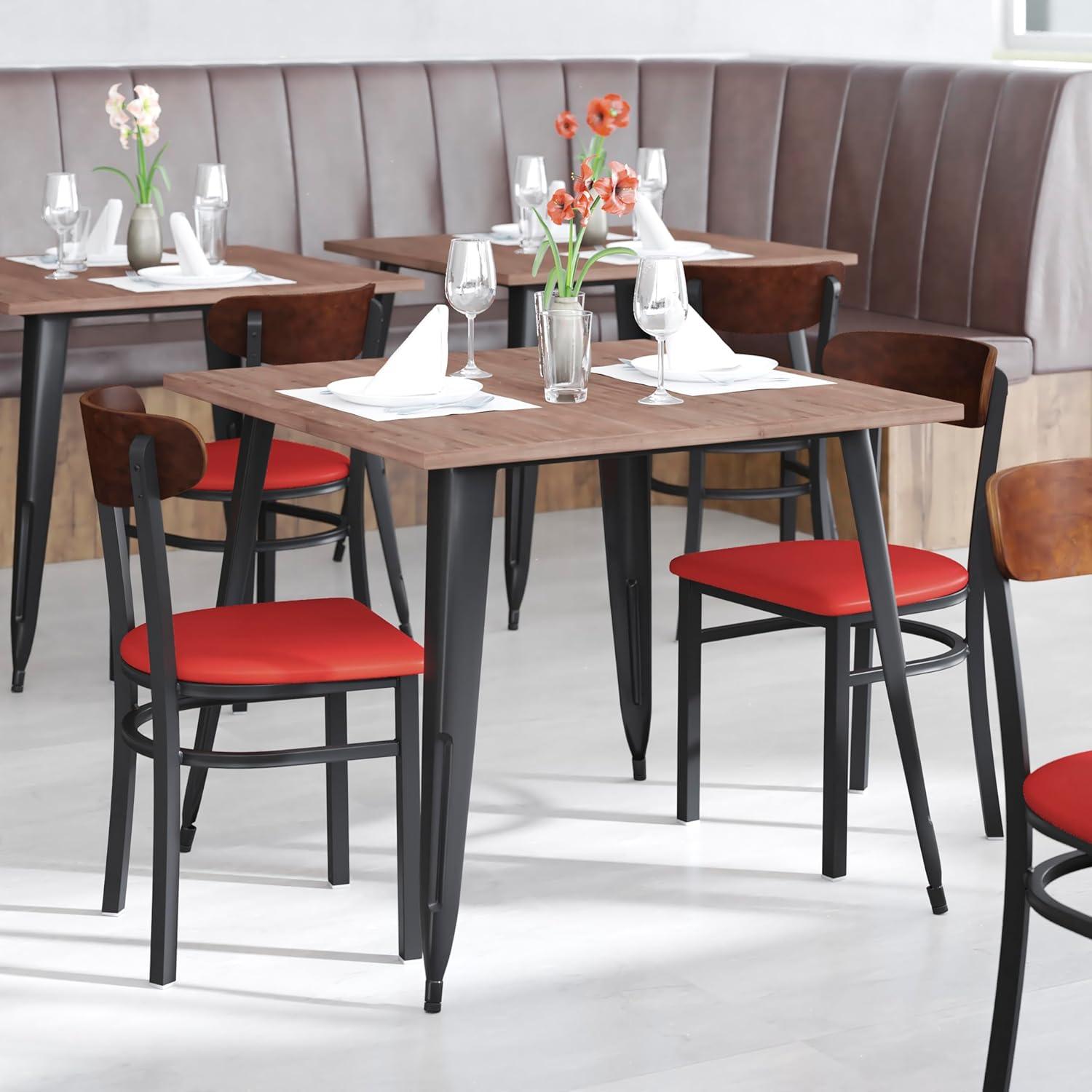 imageFlash Furniture Wright Commercial Grade Dining Chair Natural Birch Finish Solid Wood Seat and Boomerang Back 500 LB Capacity Black Steel FrameWalnut Wood BackRed Vinyl Seat