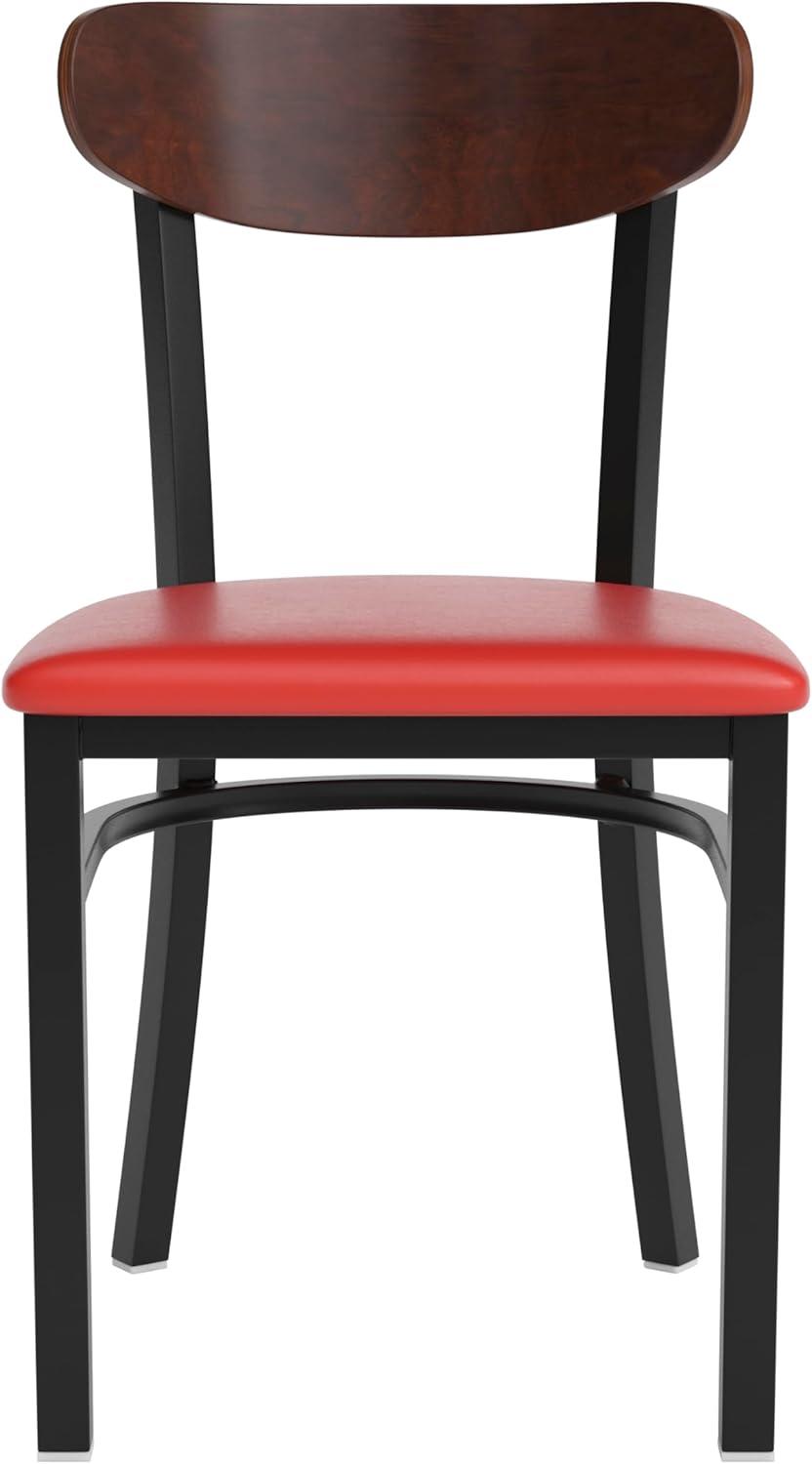 imageFlash Furniture Wright Commercial Grade Dining Chair Natural Birch Finish Solid Wood Seat and Boomerang Back 500 LB Capacity Black Steel FrameWalnut Wood BackRed Vinyl Seat