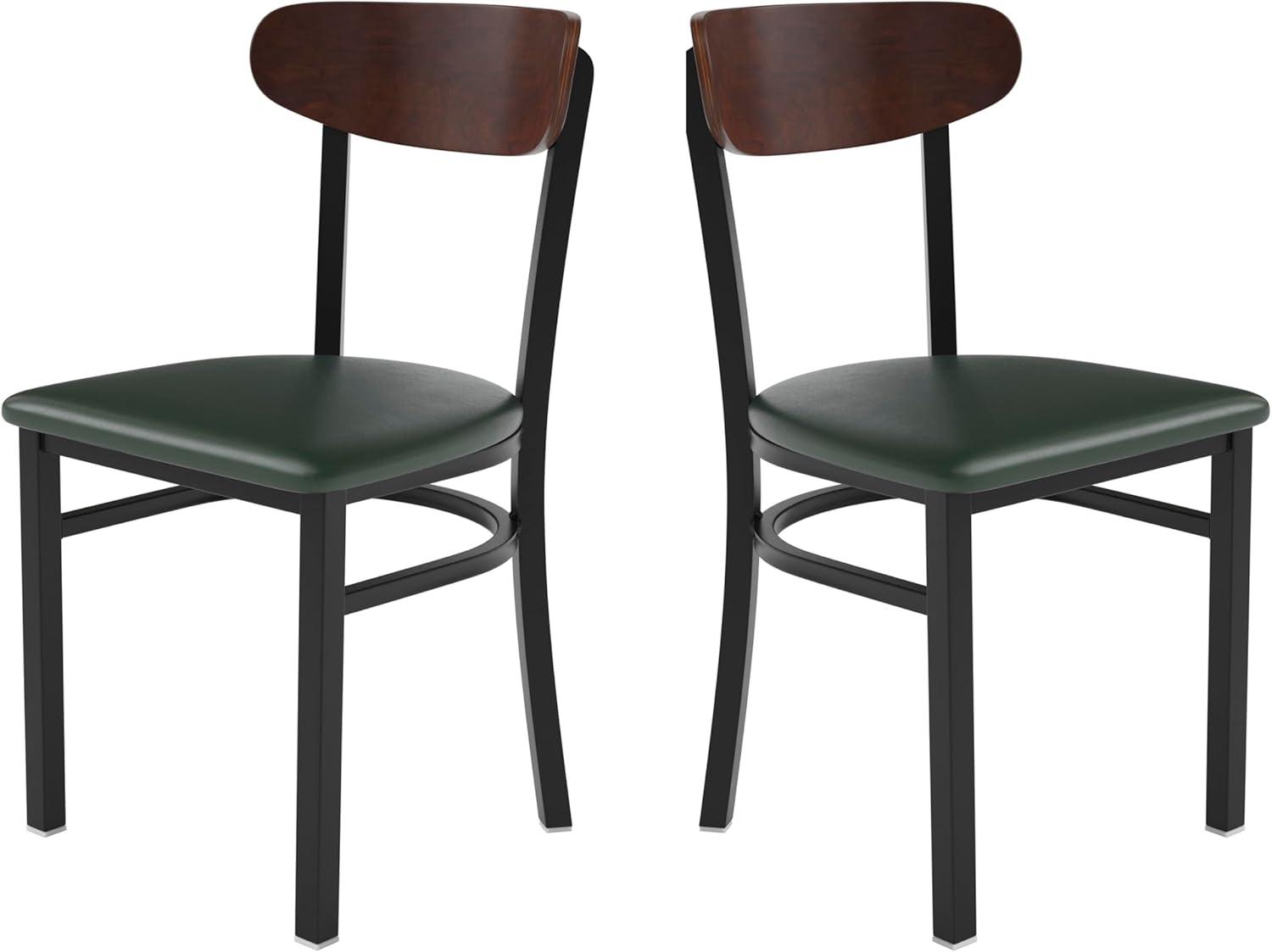 imageFlash Furniture Wright Commercial Grade Dining Chair Natural Birch Finish Solid Wood Seat and Boomerang Back 500 LB Capacity Black Steel FrameWalnut Wood BackGreen Vinyl Seat