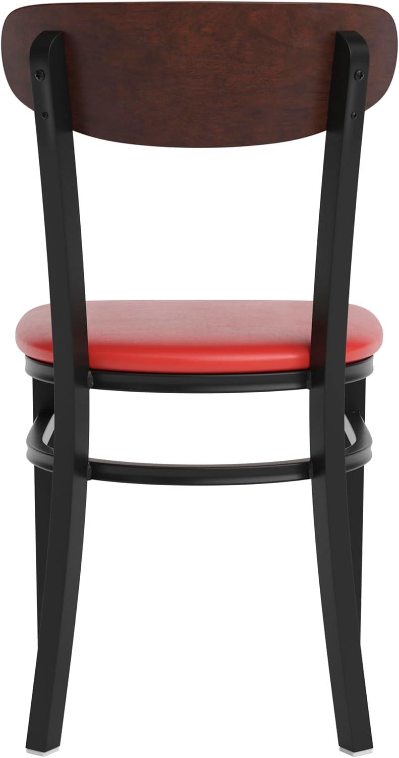 imageFlash Furniture Wright Commercial Grade Dining Chair Natural Birch Finish Solid Wood Seat and Boomerang Back 500 LB Capacity Black Steel FrameWalnut Wood BackRed Vinyl Seat