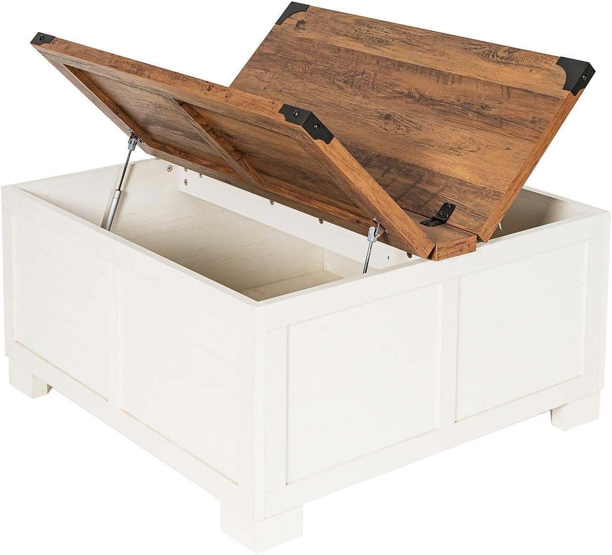 imageFlash Furniture Wyatt Farmhouse Coffee Table with Storage Square Coffee Table with Hinged Lift Top and Hidden Storage 3575quot Square TwoToned WhiteRustic OakWhite