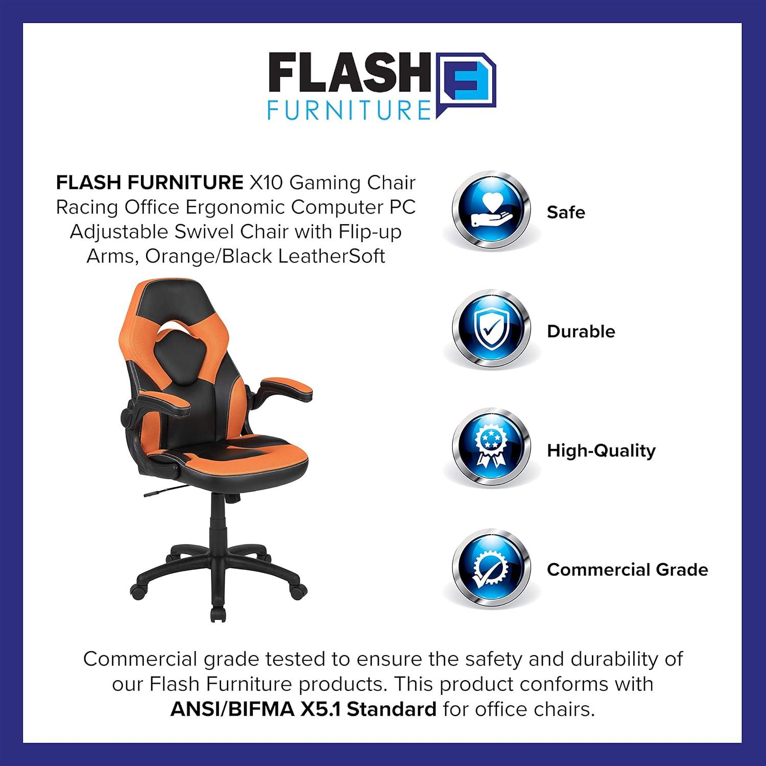 imageFlash Furniture X10 HighBack LeatherSoft Racing Style Gaming Chair with FlipUp Arms Ergonomic Padded Swivel Computer Chair RedBlackOrange