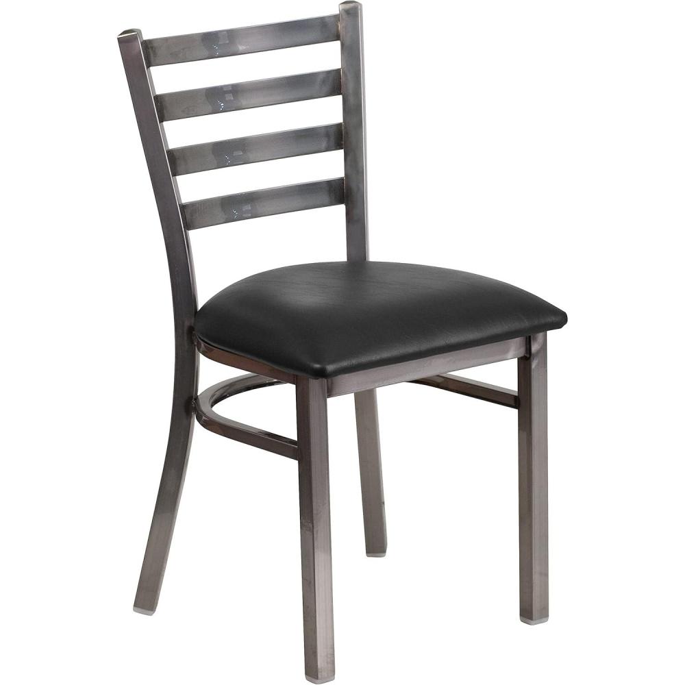 imageFlash Furniture 2 Pack HERCULES Series Clear Coated Ladder Back Metal Restaurant Chair Black Vinyl SeatBlack Vinyl SeatClear Coated Metal Frame