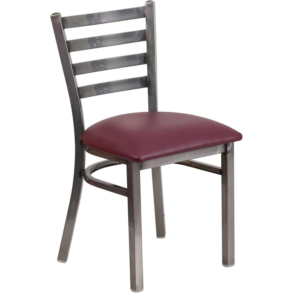 imageFlash Furniture 2 Pack HERCULES Series Clear Coated Ladder Back Metal Restaurant Chair Black Vinyl SeatBurgundy Vinyl SeatClear Coated Metal Frame