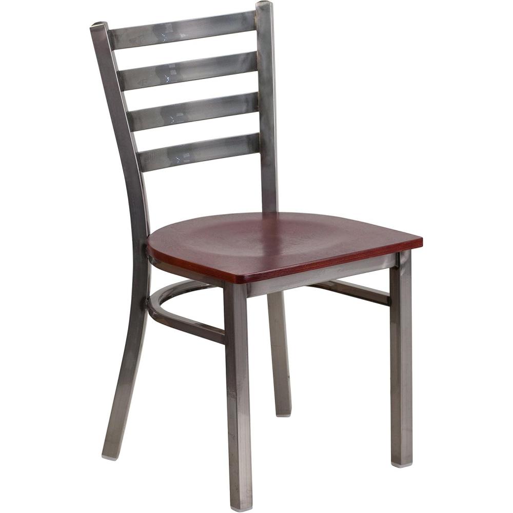 imageFlash Furniture 2 Pack HERCULES Series Clear Coated Ladder Back Metal Restaurant Chair Black Vinyl SeatMahogany Wood SeatClear Coated Metal Frame