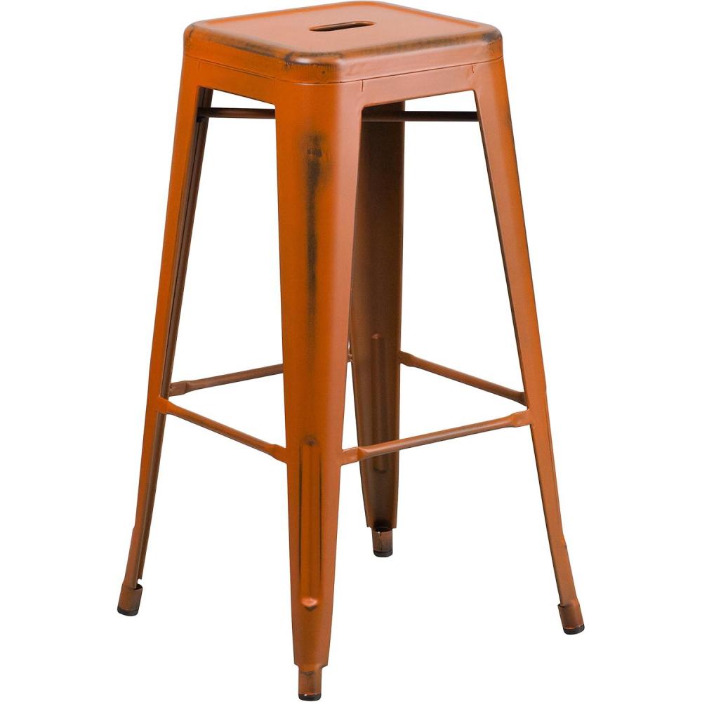 imageFlash Furniture 30quotH Commercial Modern Metal Backless Barstool IndoorOutdoor Industrial Square Stacking Bar Stool for Patio BarsRestaurants BlackDistressed Orange