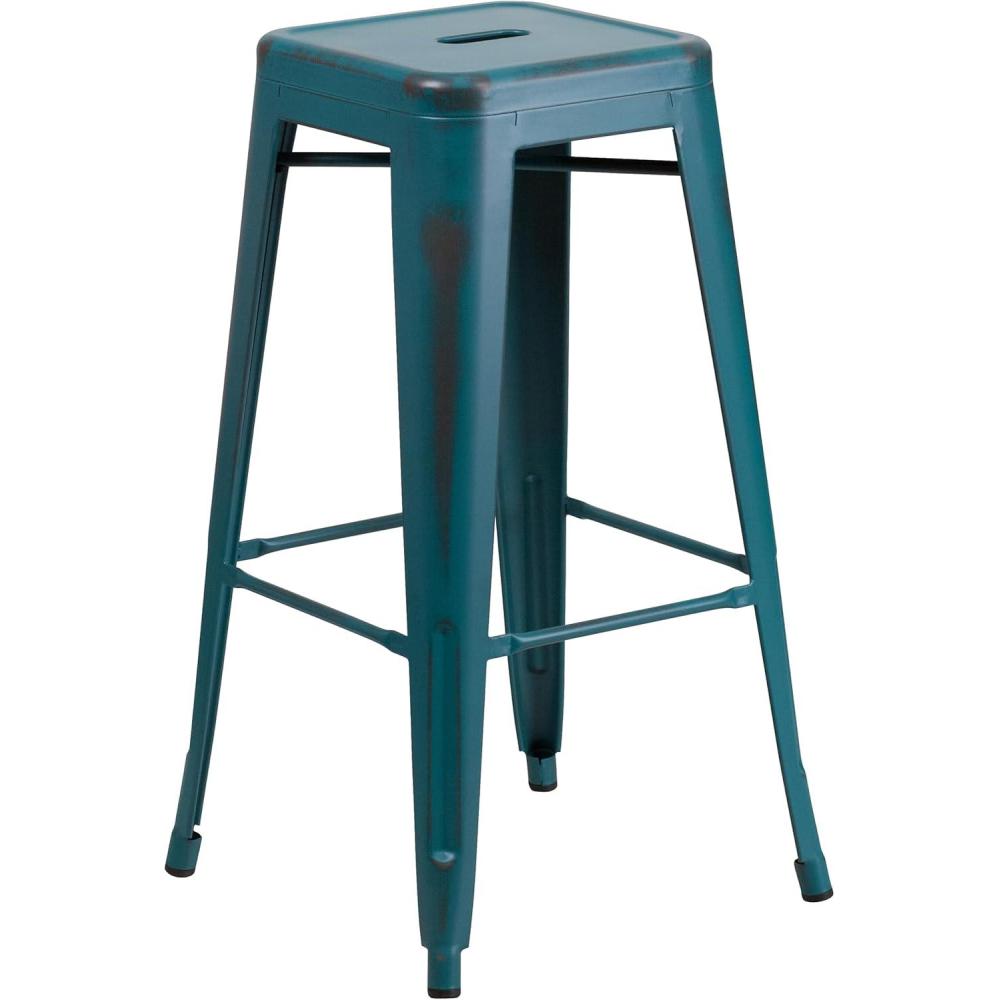 imageFlash Furniture 30quotH Commercial Modern Metal Backless Barstool IndoorOutdoor Industrial Square Stacking Bar Stool for Patio BarsRestaurants BlackDistressed Kelly Blueteal