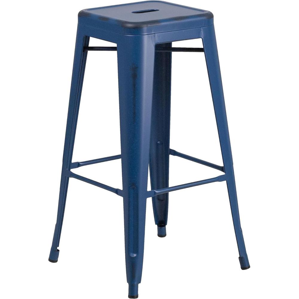 imageFlash Furniture 30quotH Commercial Modern Metal Backless Barstool IndoorOutdoor Industrial Square Stacking Bar Stool for Patio BarsRestaurants BlackDistressed Antique Blue