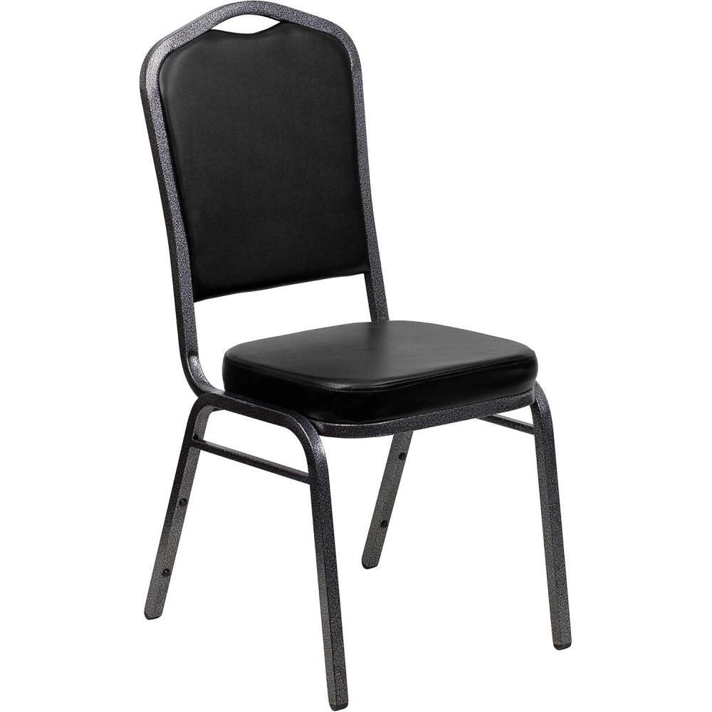 imageFlash Furniture 4 Pack HERCULES Series Crown Back Stacking Banquet Chair in Black Fabric Silver FrameBlack VinylSilver Vein Frame