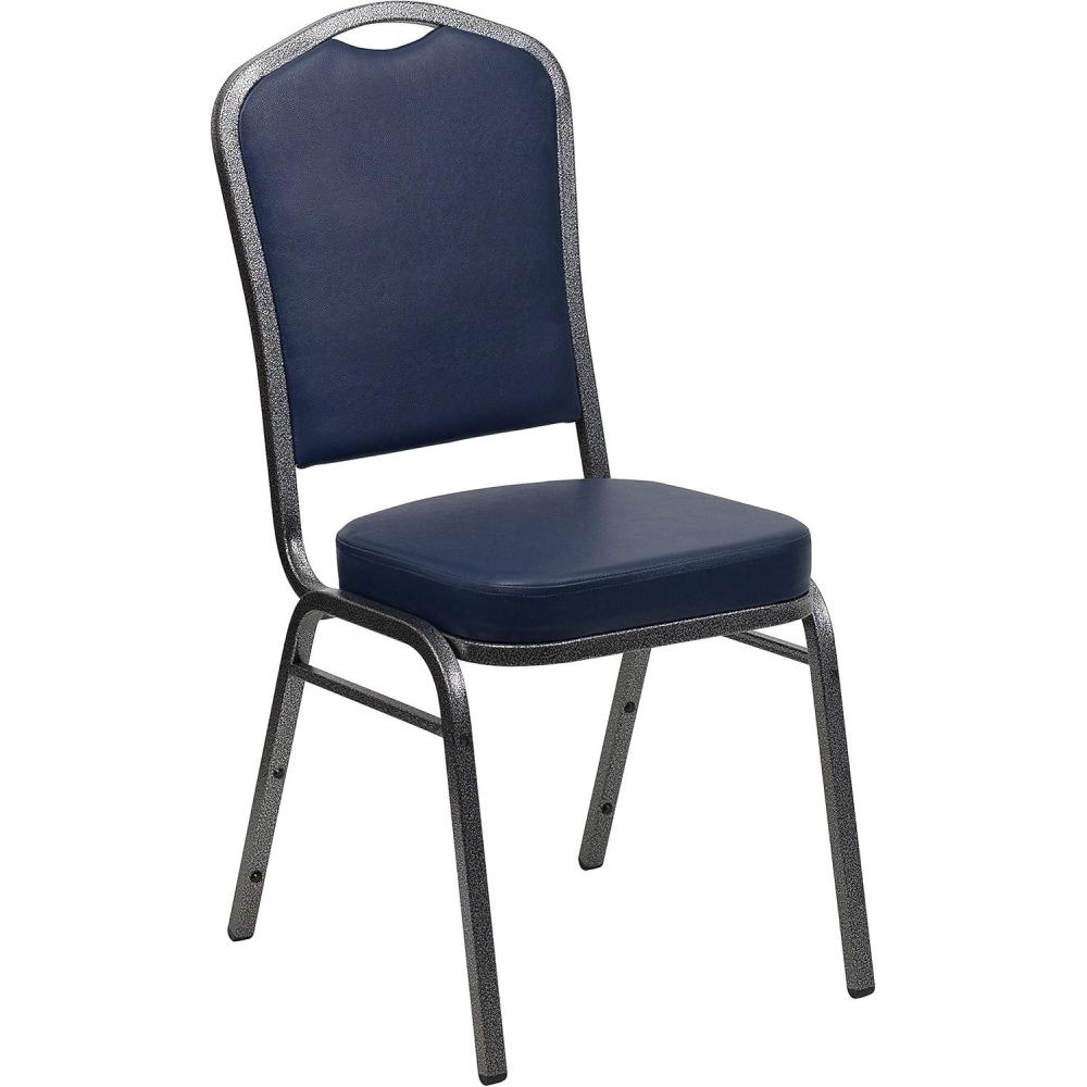imageFlash Furniture 4 Pack HERCULES Series Crown Back Stacking Banquet Chair in Black Fabric  Silver FrameNavy VinylSilver Vein Frame