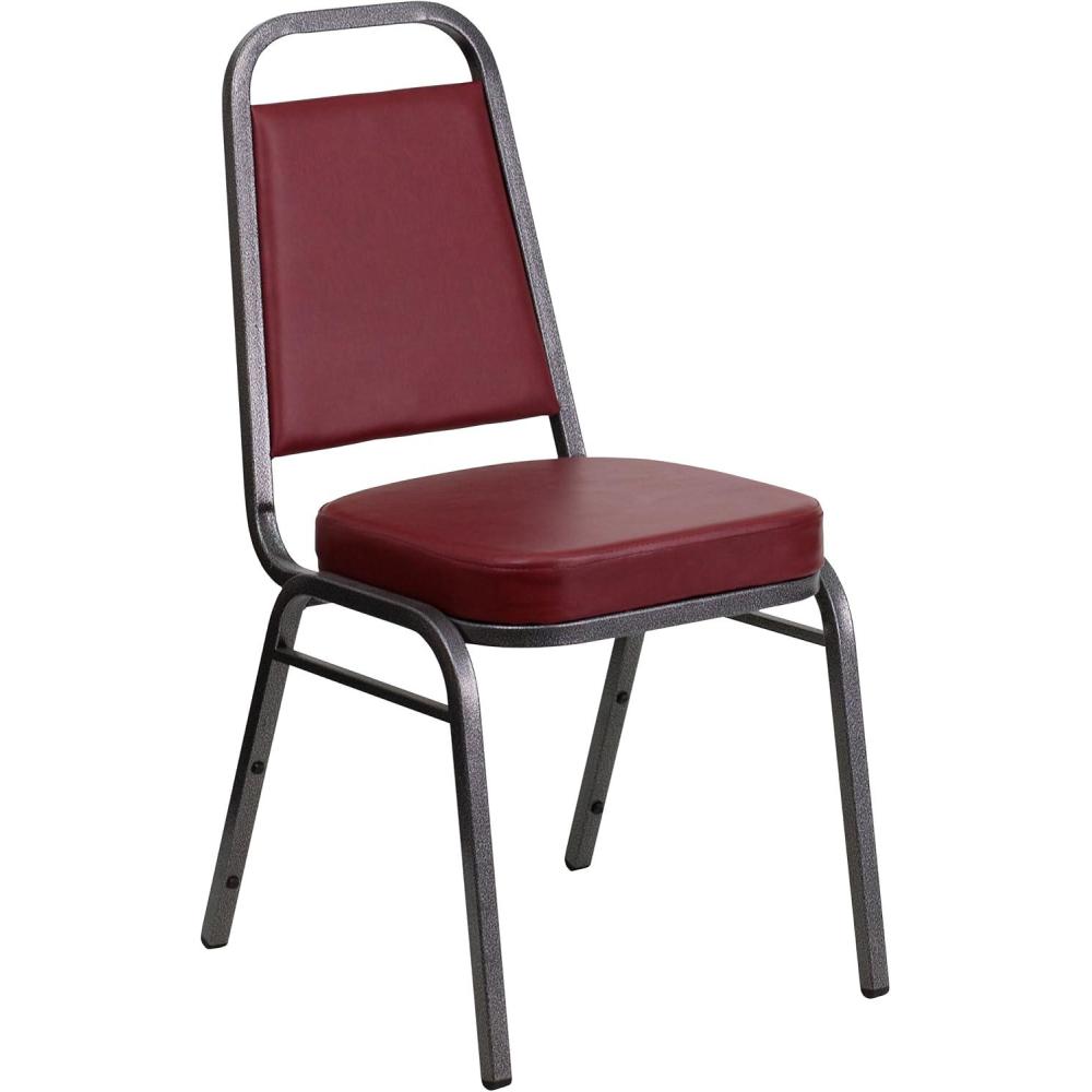 imageFlash Furniture 4 Pack HERCULES Series Trapezoidal Back Stacking Banquet Chair in Burgundy Patterned Fabric  Gold FrameBurgundy VinylSilver Vein Frame