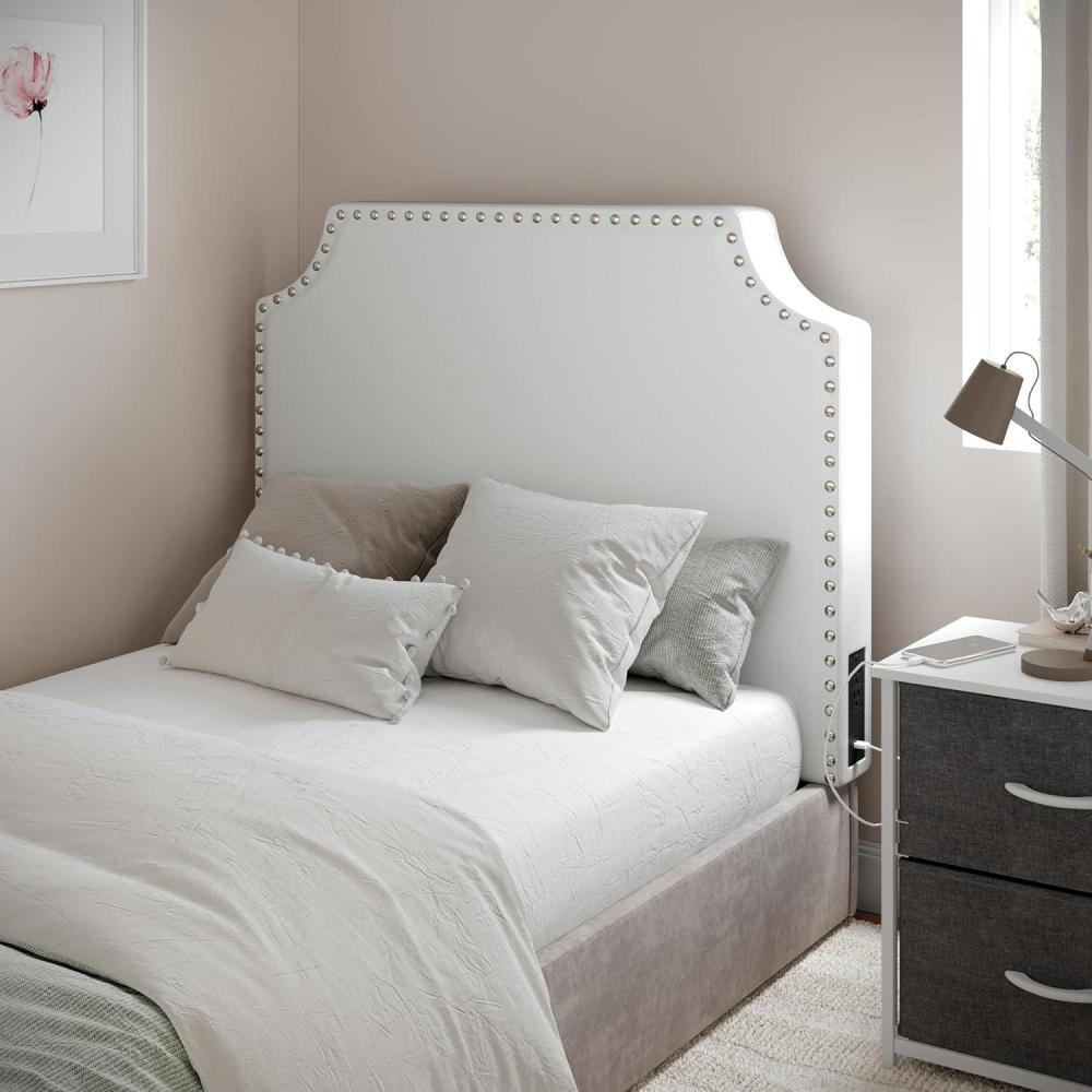 imageFlash Furniture Adeline Twin Headboard with 2 Outlets USB Port USB TypeC Port Contoured Headboard Studded LeatherSoft Upholstery Dual Hanging Options WhiteWhite Leathersoft