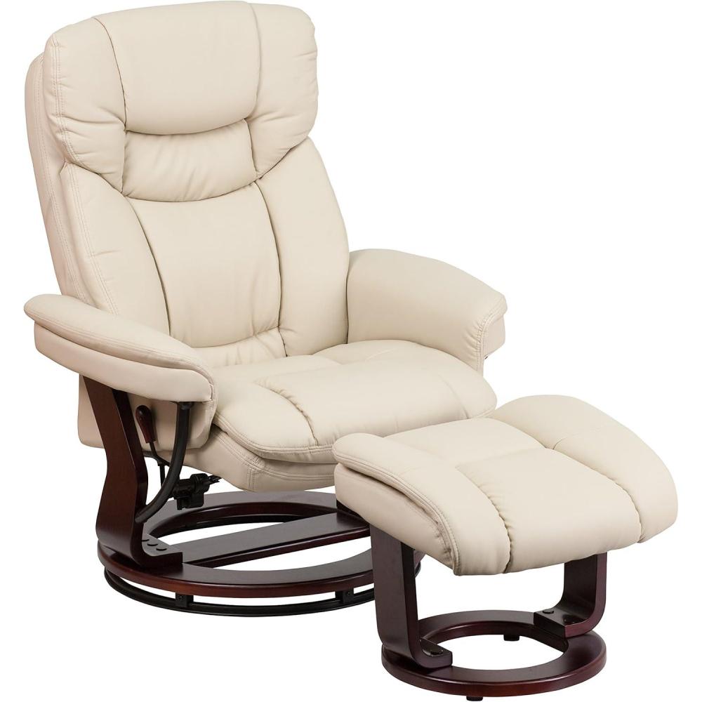 imageFlash Furniture Allie LeatherSoft Upholstered Recliner with Footrest Arms and Headrest Padded Swivel Recliner Chair and Ottoman Set PaliminoBeige