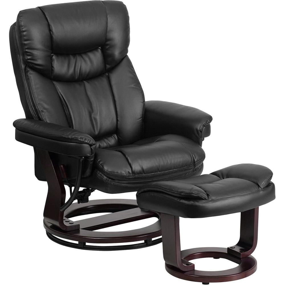 imageFlash Furniture Allie LeatherSoft Upholstered Recliner with Footrest Arms and Headrest Padded Swivel Recliner Chair and Ottoman Set PaliminoBlack