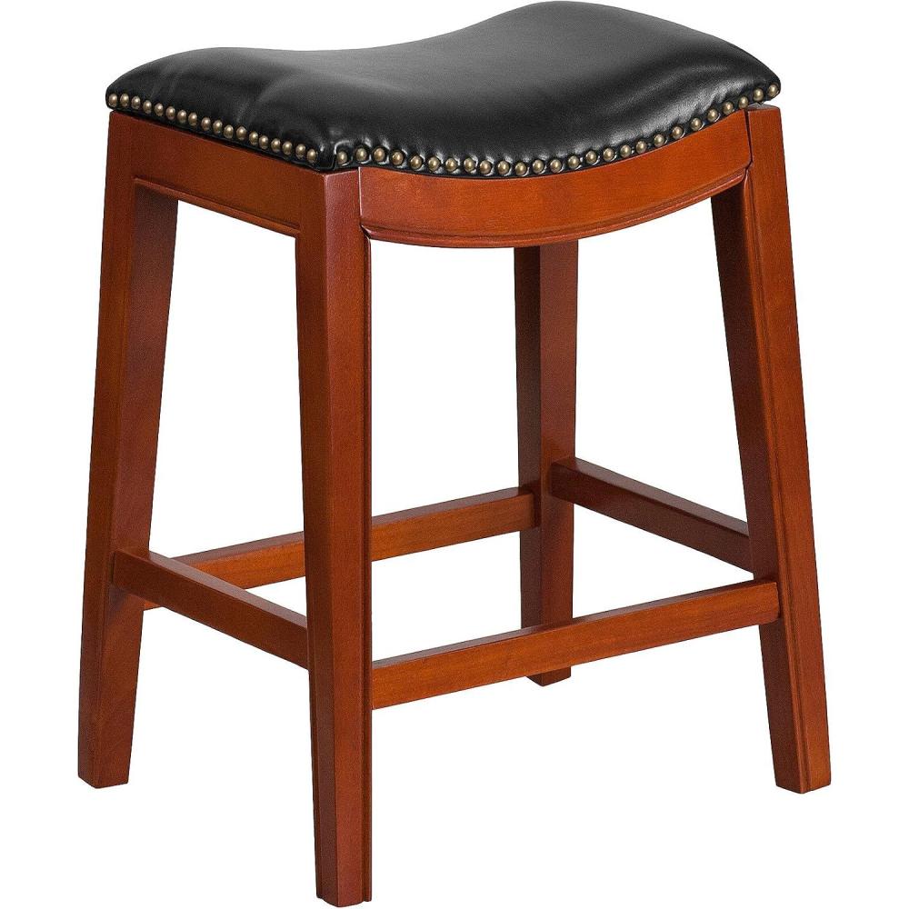 imageFlash Furniture Alphus 26 High Backless Cappuccino Wood Counter Height Stool with Black LeatherSoft Saddle SeatLight Cherry