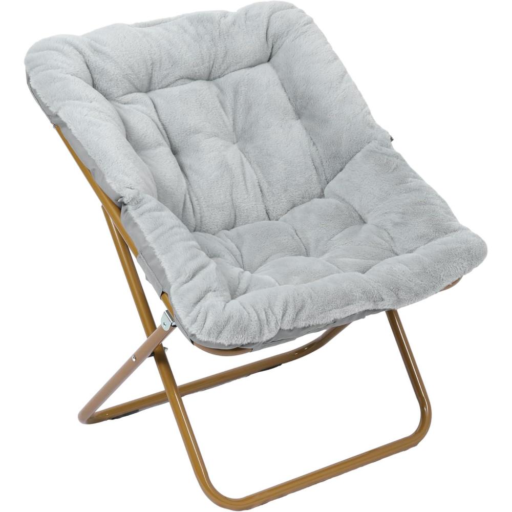imageFlash Furniture Archer Saucer Chair with Folding Steel Frame Portable Oversized Saucer Chair for Dorm or Bedroom 28quot Dusty Aqua Faux FurSoft Gold FrameGray FabricSoft Gold Frame