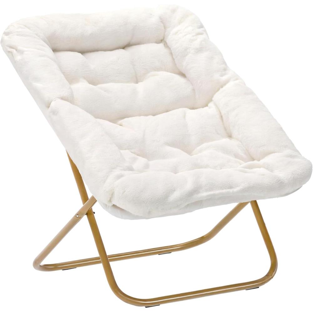 imageFlash Furniture Archer Saucer Chair with Folding Steel Frame Portable Oversized Saucer Chair for Dorm or Bedroom 28quot Dusty Aqua Faux FurSoft Gold FrameIvory Faux Shearling FabricSoft Gold Frame