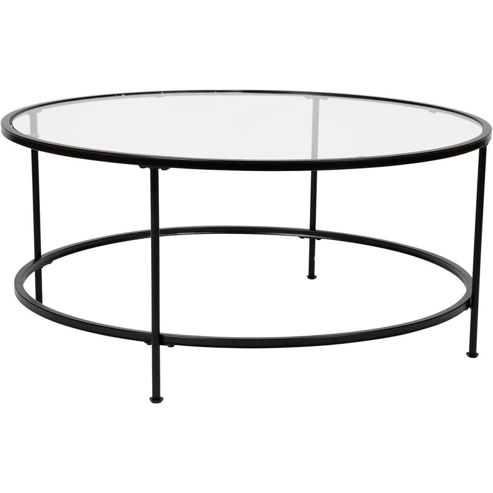 imageFlash Furniture Astoria Collection Round Coffee Table  Modern Clear Glass Coffee Table  Matte Gold FrameClear TopMatte Black Frame