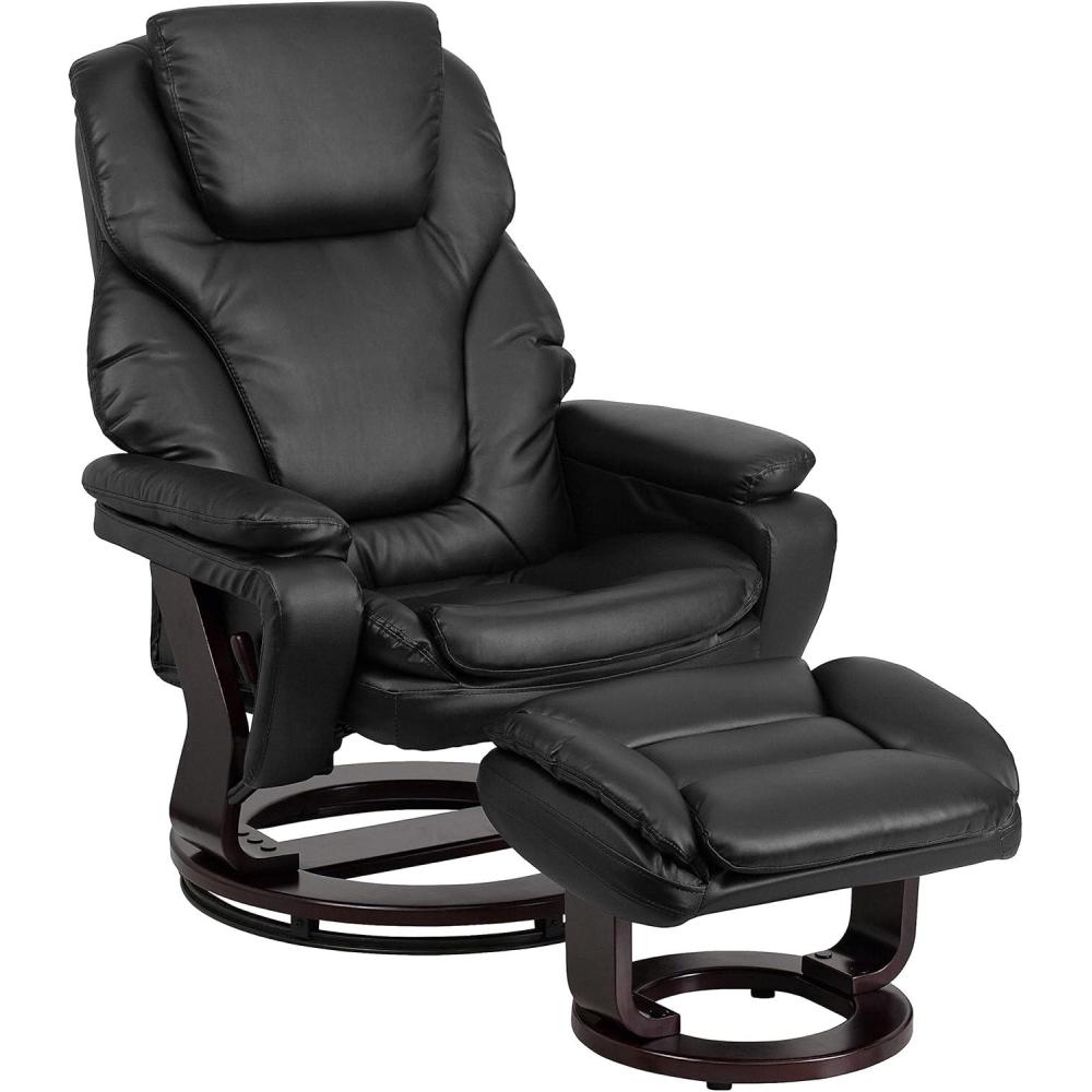 imageFlash Furniture Austin Contemporary MultiPosition Recliner and Ottoman with Swivel Mahogany Wood Base in Black LeatherSoftBlack Leathersoft