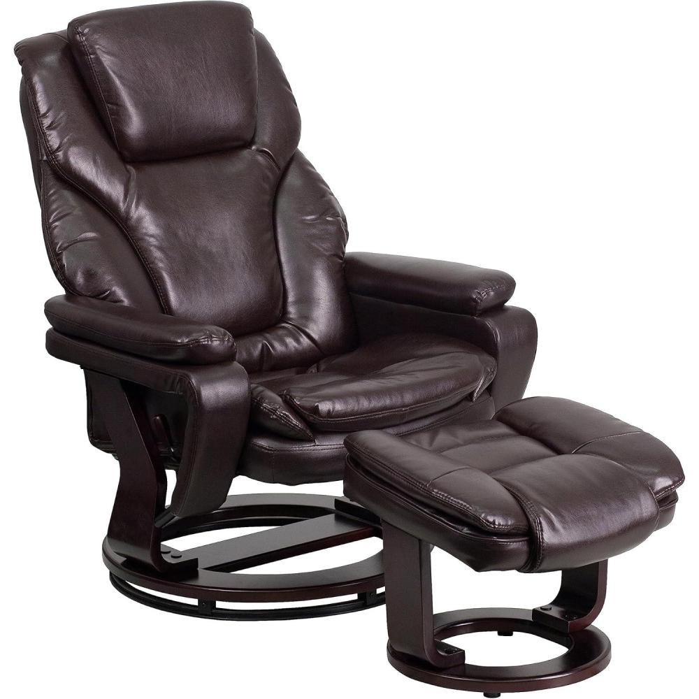 imageFlash Furniture Austin Contemporary MultiPosition Recliner and Ottoman with Swivel Mahogany Wood Base in Black LeatherSoftBrown Leathersoft