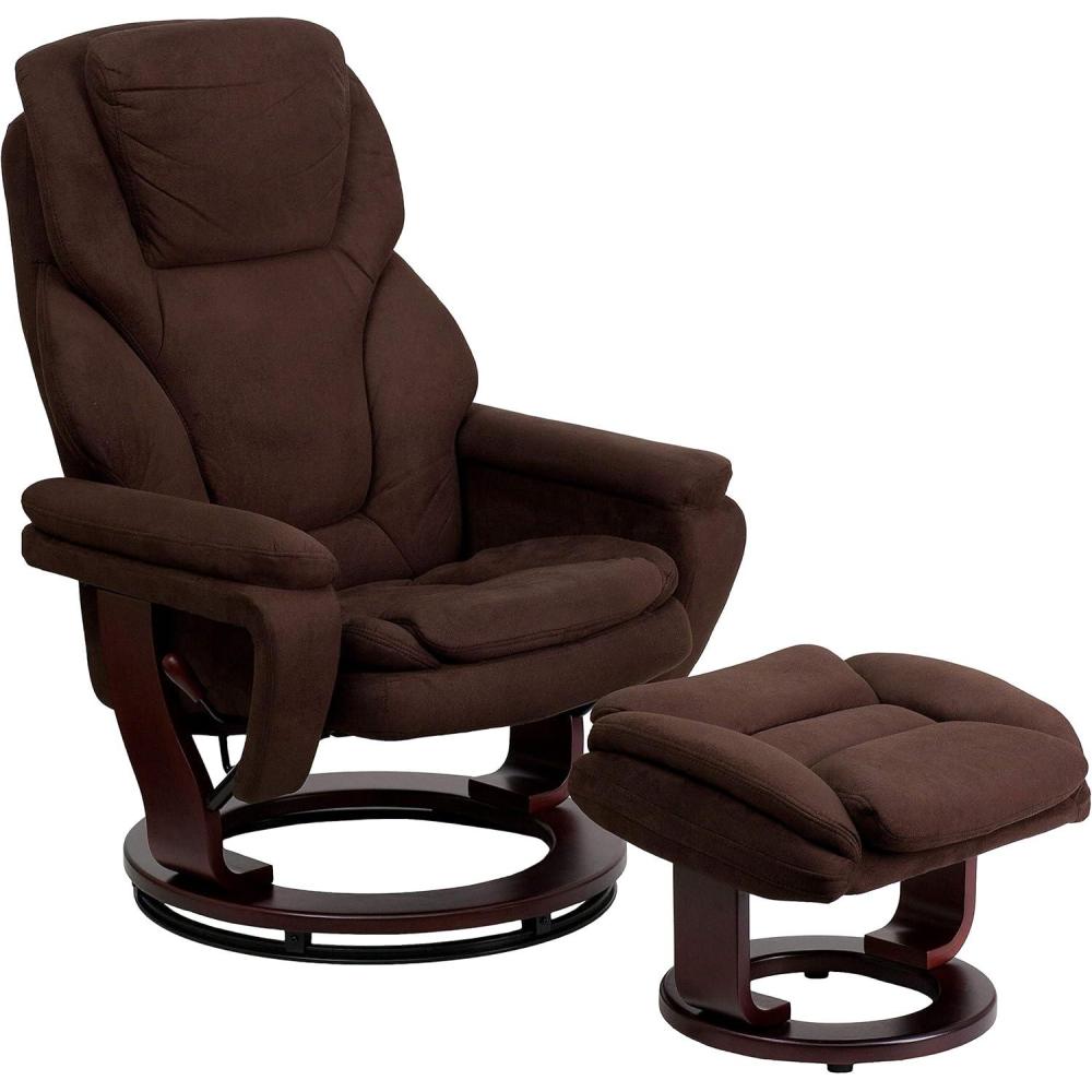 imageFlash Furniture Austin Contemporary MultiPosition Recliner and Ottoman with Swivel Mahogany Wood Base in Black LeatherSoftBrown Microfiber