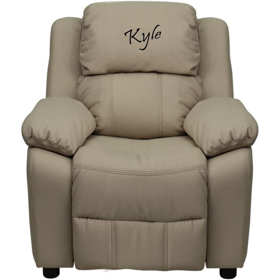 imageFlash Furniture BT7985KIDBGEEMBGG Personalized Deluxe Padded Beige Vinyl Kids Recliner with Storage Arms