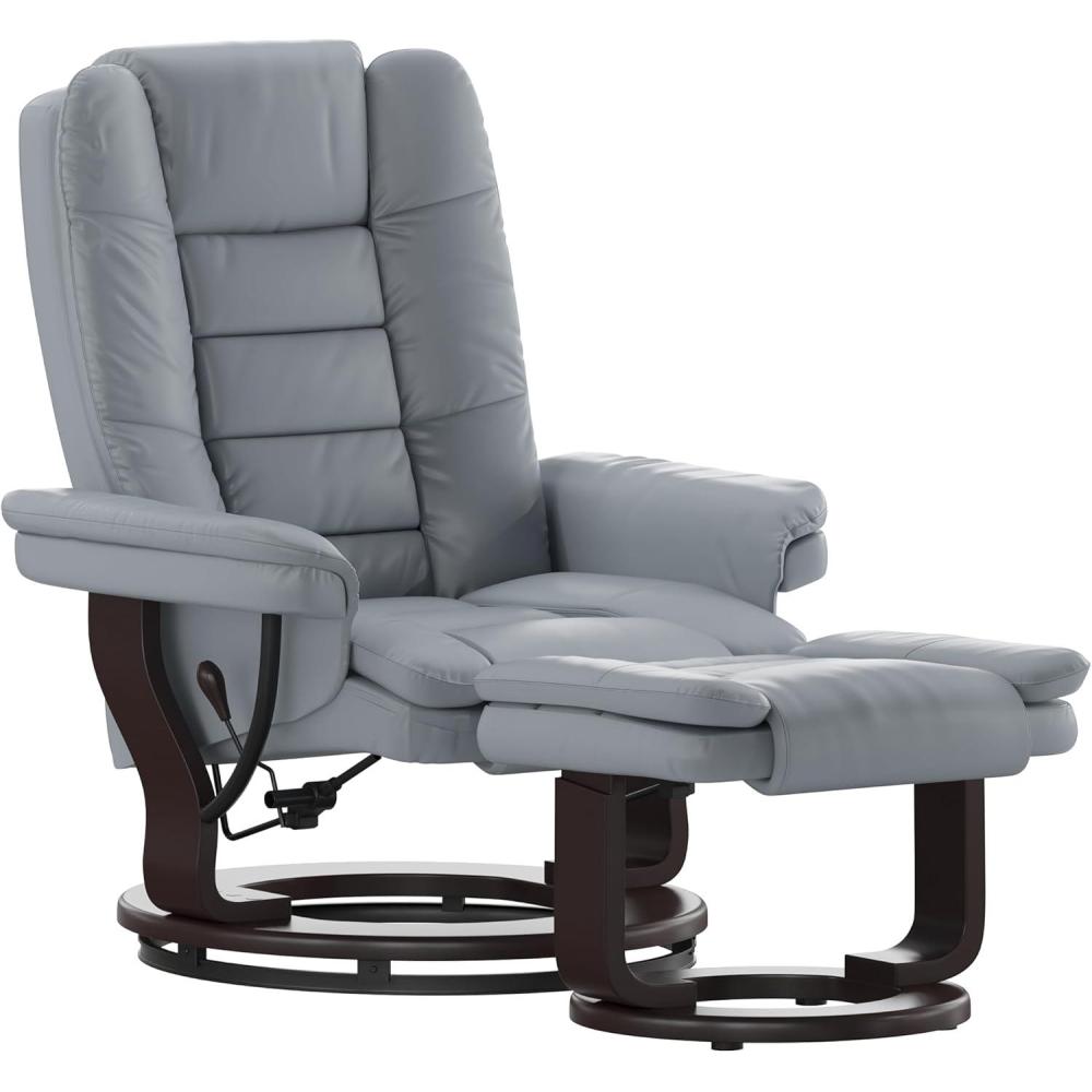 imageFlash Furniture Bali Contemporary MultiPosition Recliner with Horizontal Stitching and Ottoman with Swivel Mahogany Wood Base in Gray LeatherSoft