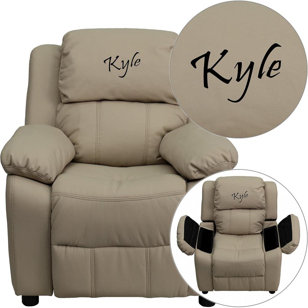 imageFlash Furniture Beige BT7985KIDBGETXTEMBGG Personalized Deluxe Padded Vinyl Kids Recliner with Storage Arms