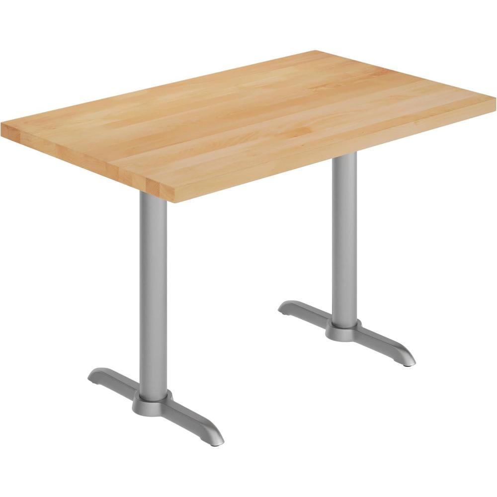 imageFlash Furniture Bennett 30quot x 48quot Solid Wood Commercial Indoor Tabletop in Natural with Dual 5quot x 22quot Dining Height Black Cast Iron T Bases 400 lb Static CapacityNatural TopSilver Base