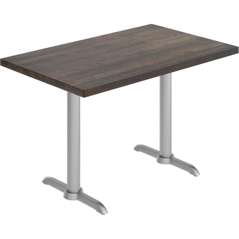 imageFlash Furniture Bennett 30quot x 48quot Solid Wood Commercial Indoor Tabletop in Natural with Dual 5quot x 22quot Dining Height Black Cast Iron T Bases 400 lb Static CapacityDark Brown TopSilver Base