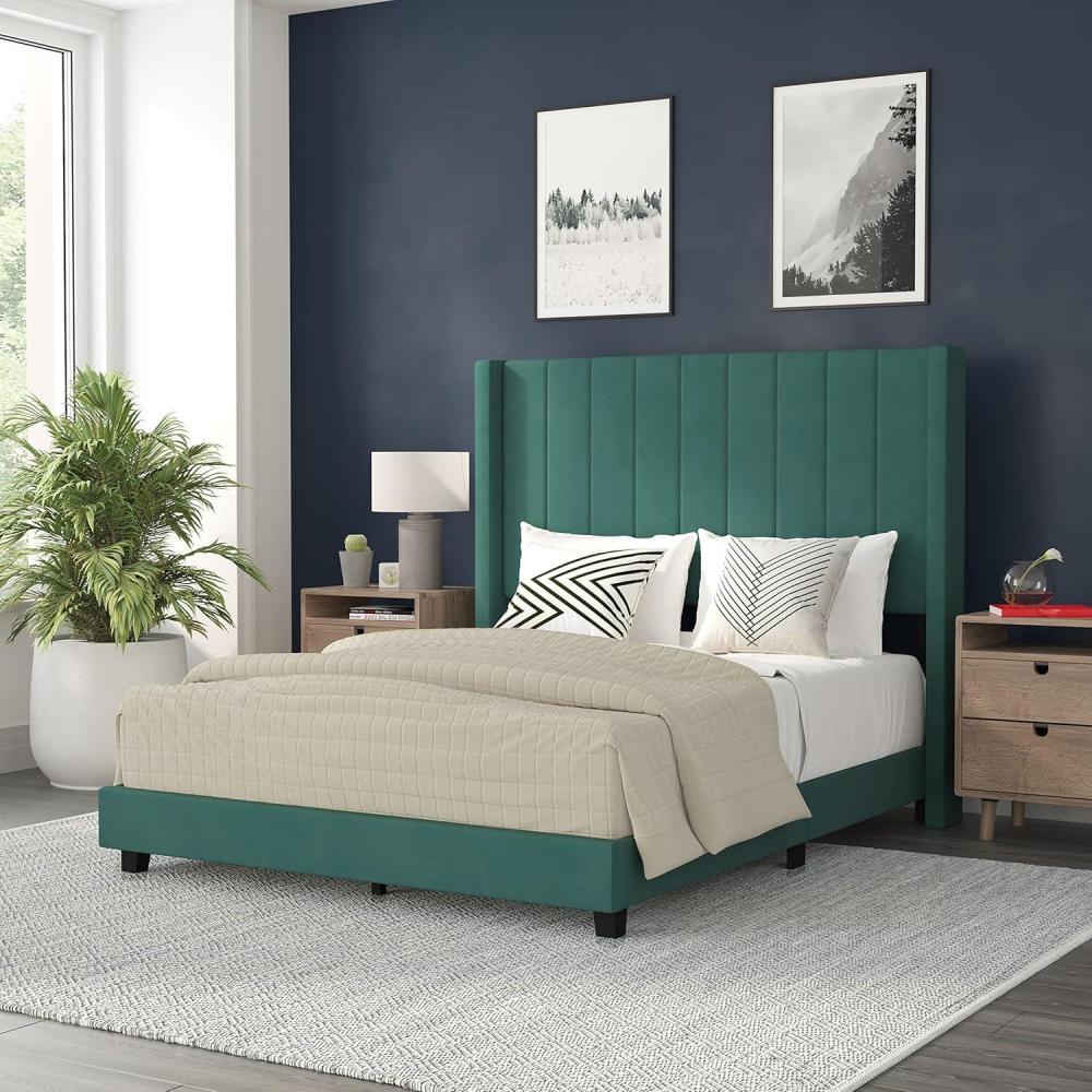 imageFlash Furniture Bianca Upholstered Platform Bed Emerald Velvet Upholstery Queen Wingback Headboard Slatted Mattress Foundation No Box Spring NeededEmerald Velvet