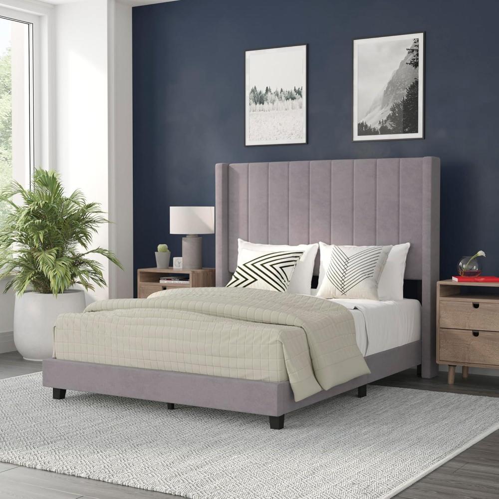 imageFlash Furniture Bianca Upholstered Platform Bed Emerald Velvet Upholstery Queen Wingback Headboard Slatted Mattress Foundation No Box Spring NeededGray Velvet