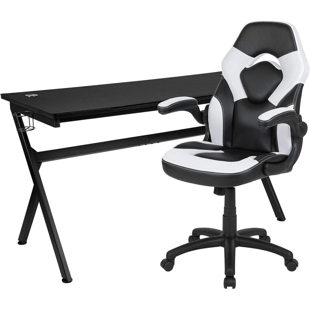 imageFlash Furniture Black Gaming Desk and RedBlack Racing Chair Set with Cup Holder Headphone Hook and MonitorSmartphone StandWhite