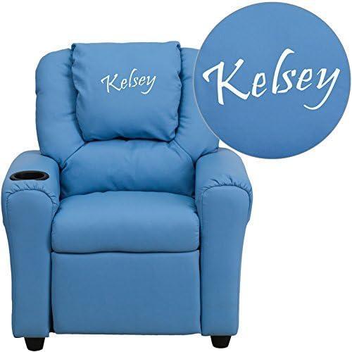 imageFlash Furniture Blue DGULT LtBlueTXTEMBGG Personalized Light Vinyl Kids Recliner with Cup Holder and Headrest