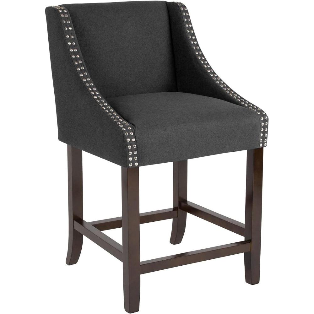imageFlash Furniture Carmel Series 24quot High Transitional Walnut Counter Height Stool with Nail Trim in Dark Gray Fabric Set of 2Black Fabric