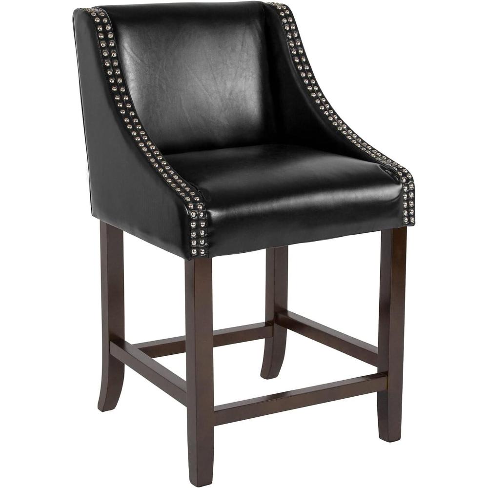imageFlash Furniture Carmel Series 24quot High Transitional Walnut Counter Height Stool with Nail Trim in Dark Gray Fabric Set of 2Black Leathersoft