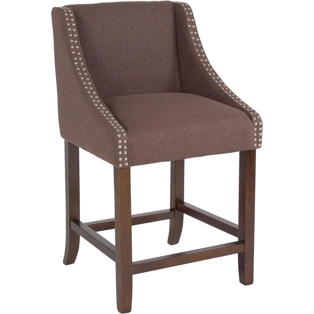 imageFlash Furniture Carmel Series 24quot High Transitional Walnut Counter Height Stool with Nail Trim in Dark Gray Fabric Set of 2Brown Fabric