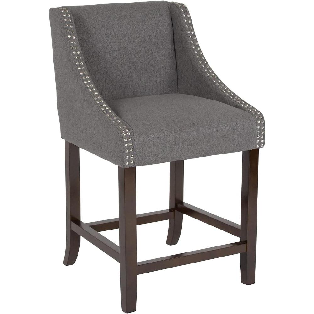 imageFlash Furniture Carmel Series 24quot High Transitional Walnut Counter Height Stool with Nail Trim in Dark Gray Fabric Set of 2Dark Gray Fabric