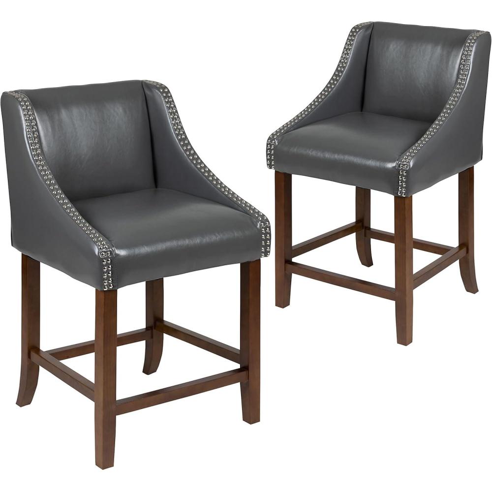 imageFlash Furniture Carmel Series 24quot High Transitional Walnut Counter Height Stool with Nail Trim in Dark Gray Fabric Set of 2Dark Gray Leathersoft