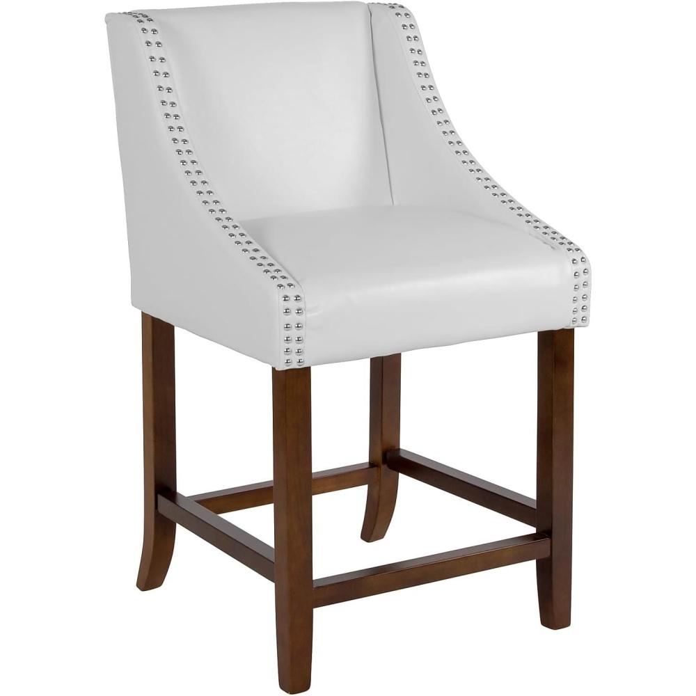 imageFlash Furniture Carmel Series 24quot High Transitional Walnut Counter Height Stool with Nail Trim in Dark Gray Fabric Set of 2White Leathersoft