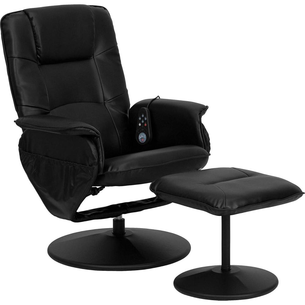 imageFlash Furniture Cason Massaging Adjustable Recliner with Deep Side Pockets and Ottoman with Wrapped Base in Black LeatherSoftBlack