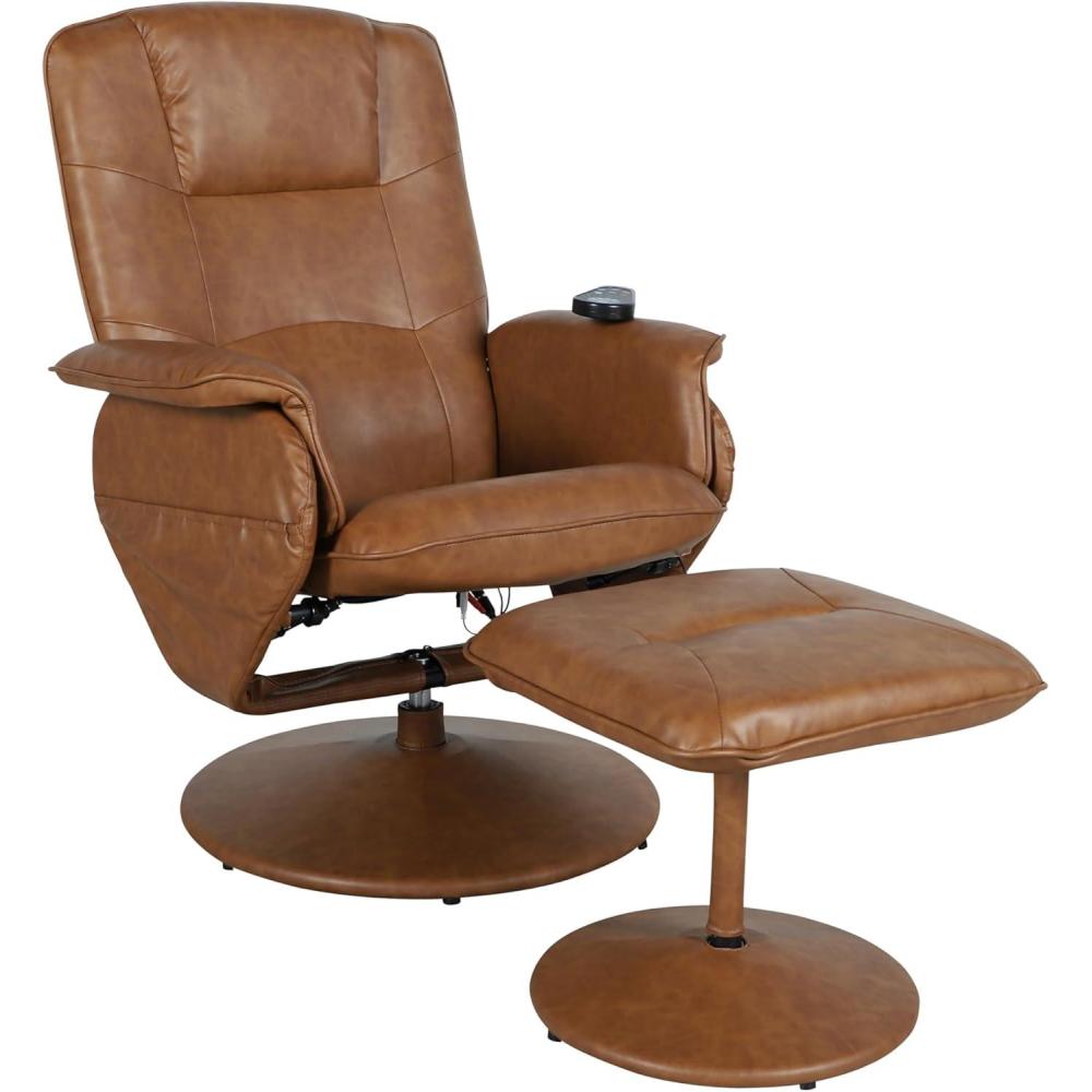 imageFlash Furniture Cason Massaging Adjustable Recliner with Deep Side Pockets and Ottoman with Wrapped Base in Black LeatherSoftBrown