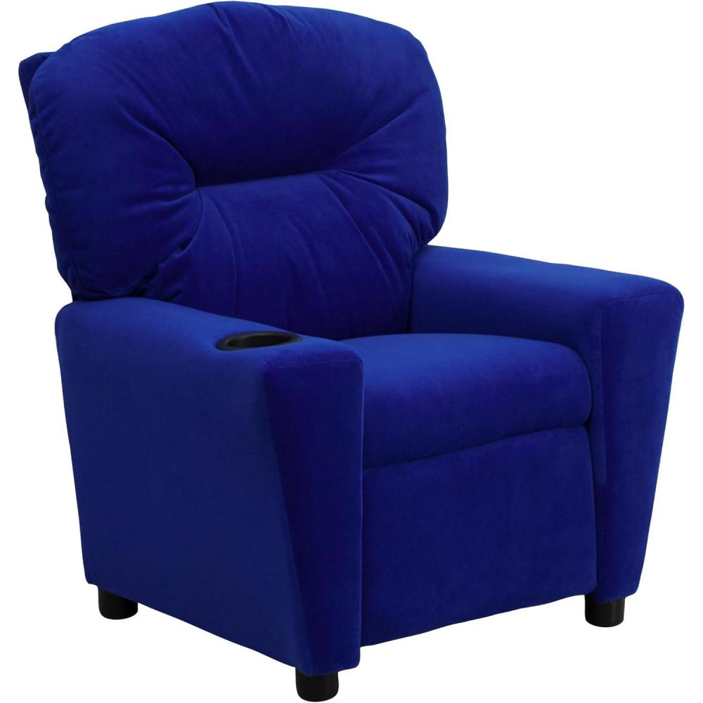imageFlash Furniture Chandler LeatherSoft Kids Recliner with Cup Holder and Safety Recline Contemporary Reclining Chair for Kids Supports up to 90 lbs BlackBlue Microfiber