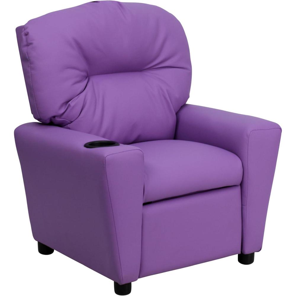 imageFlash Furniture Chandler LeatherSoft Kids Recliner with Cup Holder and Safety Recline Contemporary Reclining Chair for Kids Supports up to 90 lbs BlackLavender Vinyl