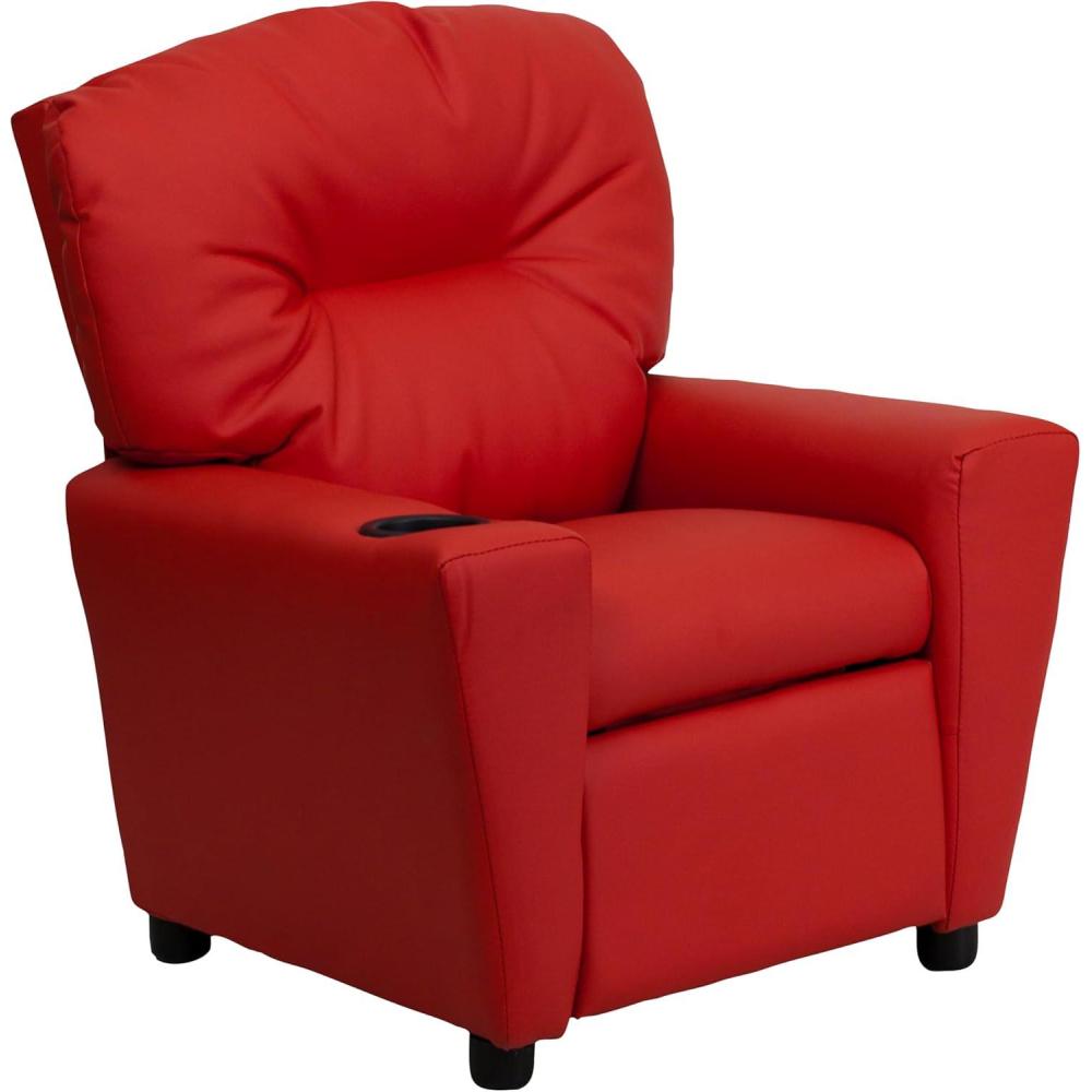 imageFlash Furniture Chandler LeatherSoft Kids Recliner with Cup Holder and Safety Recline Contemporary Reclining Chair for Kids Supports up to 90 lbs BlackRed Vinyl