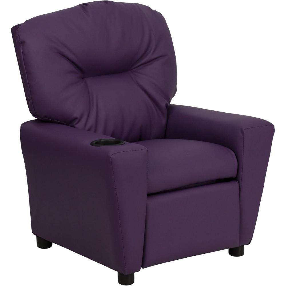 imageFlash Furniture Chandler LeatherSoft Kids Recliner with Cup Holder and Safety Recline Contemporary Reclining Chair for Kids Supports up to 90 lbs BlackPurple Vinyl