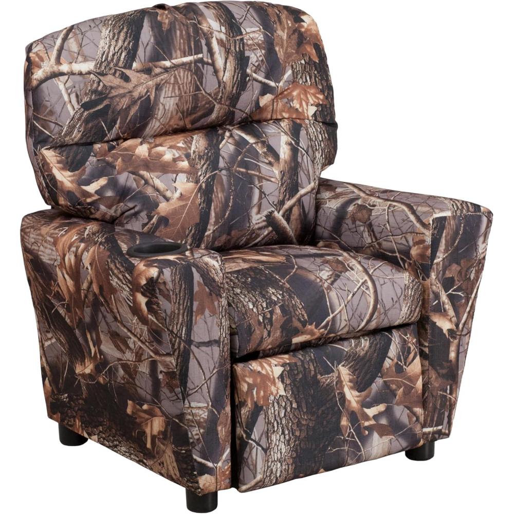 imageFlash Furniture Chandler LeatherSoft Kids Recliner with Cup Holder and Safety Recline Contemporary Reclining Chair for Kids Supports up to 90 lbs BlackCamouflage Fabric