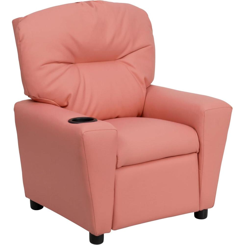 imageFlash Furniture Chandler LeatherSoft Kids Recliner with Cup Holder and Safety Recline Contemporary Reclining Chair for Kids Supports up to 90 lbs BlackPink Vinyl