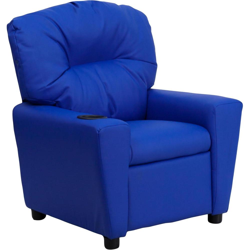 imageFlash Furniture Chandler LeatherSoft Kids Recliner with Cup Holder and Safety Recline Contemporary Reclining Chair for Kids Supports up to 90 lbs BlackBlue Vinyl