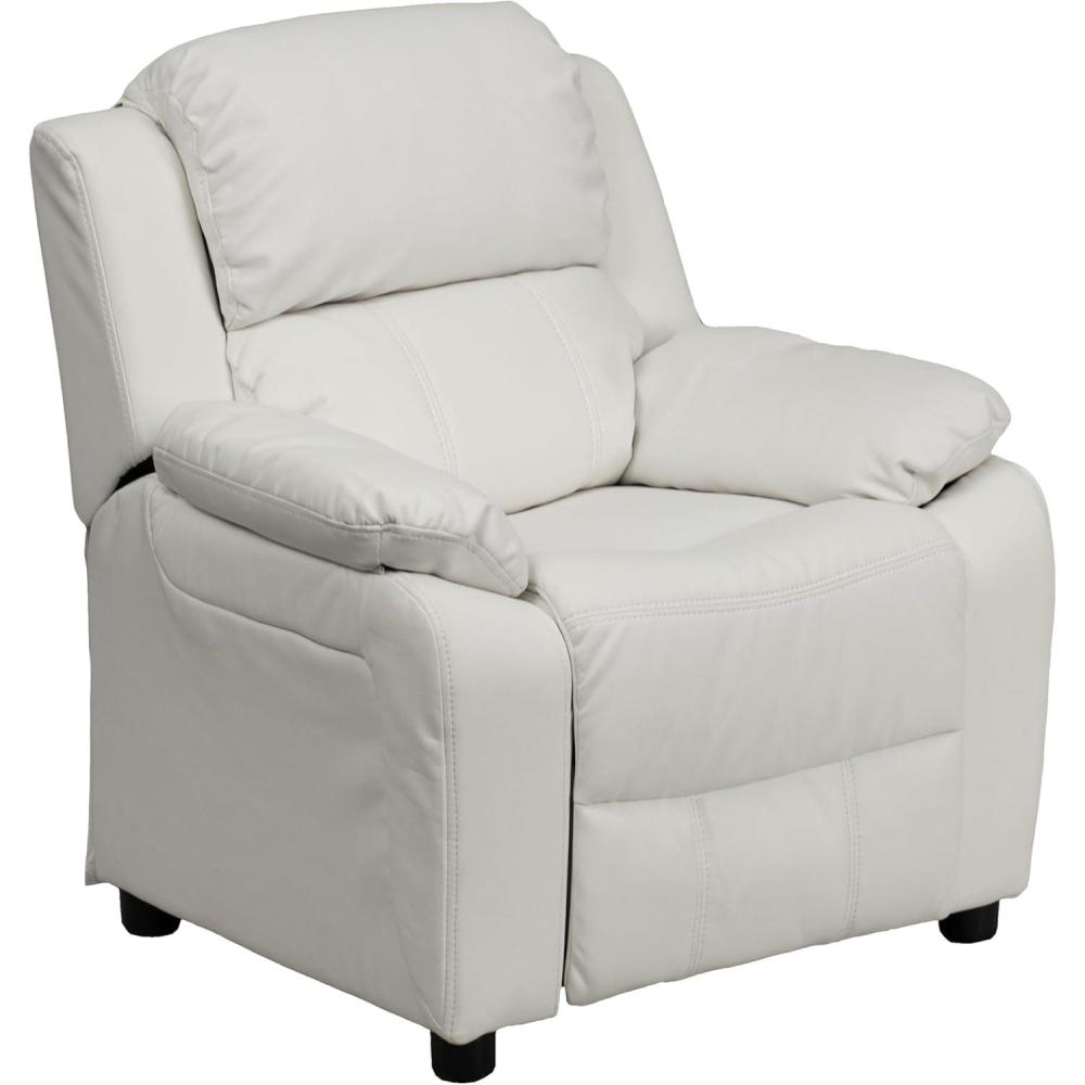imageFlash Furniture Charlie Microfiber Kids Recliner with FlipUp Storage Arms and Safety Recline Contemporary Reclining Chair for Kids Supports up to 90 lbs PurpleWhite Vinyl
